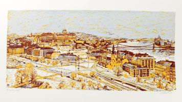 Csavlek András (1942- ): Budapest. Színes linómetszet, papír, jelzett, 26×55 cm