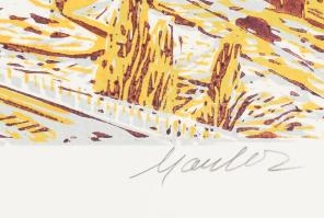 Csavlek András (1942- ): Budapest. Színes linómetszet, papír, jelzett, 26×55 cm