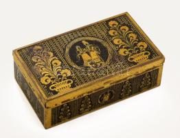 cca 1920 Deutsch Malt Hungary Kőbányai malátaház fém malátás doboz fa betéttel, "Felsenkeller deutsch mal deutsch'sche steinbrucher malzfabrik A.G. Budapest" felirattal, 7x12 cm