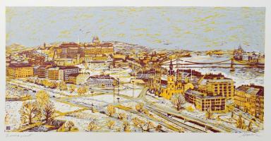 Csavlek András (1942- ): Budapest. Színes linómetszet, papír, jelzett, 26×55 cm