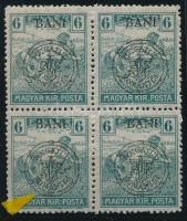 Kolozsvár 1919 Arató 6f négyestömb, benne "hurkás kör" lemezhiba, Bodor vizsgálójellel