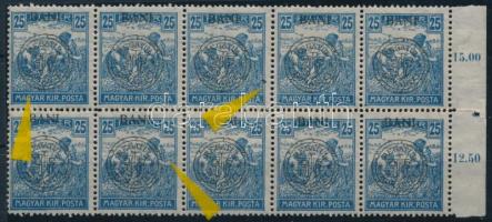 Kolozsvár 1919 Arató 25f tizestömb, benne "hurkás kör, kihasadt kör, festékpont a bélyegen" lemezhiba, Bodor vizsgálójellel