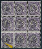 Kolozsvár 1919 Hadisegély (III.) 15f 9-es tömb benne1 x "hurkás kör" lemezhiba, Bodor vizsgálójellel