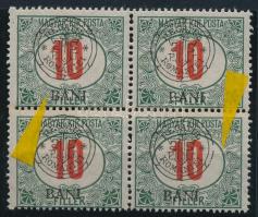 Kolozsvár 1919 Pirosszámú portó 10f négyestömb (bepattant fogak) benne "hurkás kör", "kihasadt kör" lemezhiba, Bodor vizsgálójellel