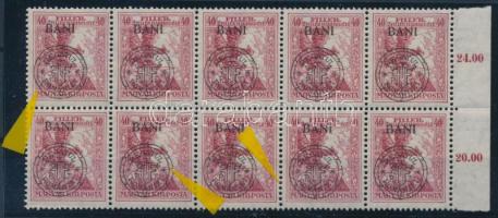 Kolozsvár 1919 Hadisegély (III.) 40f tizestömb, benne "hurkás kör", "kihasadt kör" lemezhiba, Bodor vizsgálójellel