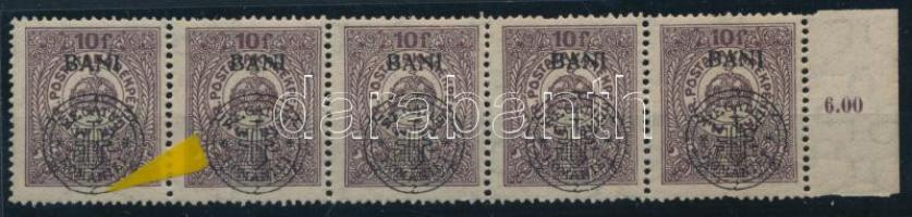 Kolozsvár 1919 Postatakarék 5-ös csík, benne "hurkás kör" lemezhiba, Bodor vizsgálójellel