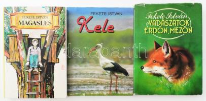 Fekete István 3 könyve: Vadászatok erdőn, mezőn. Vál. és szerk.: Véber Károly. Bp., 1987, Mezőgazdasági Kiadó. Kiadói egészvászon-kötés, kissé sérült kiadói papír védőborítóban. + Kele. Regény. (Bp., 1994), Nesztor. Kiadói papírkötés. + Magasles. A Fekete István hagyatékában maradt regénytöredéket folytatta és a kéziratot sajtó alá rend.: Nagy Domokos Imre. Bp., 1993, Officina Nova. Kiadói papírkötés, helyenként kisebb ázásnyomokkal.