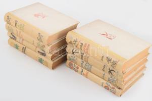 Nyirő József munkái, 8 kötet: Madéfalvi veszedelem.; Havasok könyve.; Jézusfaragó ember.; Az elszántak.; A sibói bölény.; Halhatatlan élet.; Kopjafák.; Isten igájában. Bp., 1943, Révai. Kiadói félvászon-kötés, változó állapotban, egy kötet sérült gerinccel.