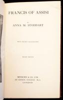 Stoddart, Anna M.: Francis of Assisi. Az első előzéklap hátoldalán id. Entz Géza (1913-1993) neves művészettörténész szép sorai feleségének, Klima Erzsébetnek: "Erzsébetnek, a fiatal anyának forró szeretettel. Géza. Kolozsvár, 1949 karácsonyán." Érdekesség: ez volt az utolsó karácsonyuk Kolozsváron, miután nem újították meg szerződését a Bolyai Tudományegyetem Művészettörténet tanszékén (amelyet docensként vezetett), a következő évben kénytelenek voltak visszatérni szülővárosába, Budapestre. A szép szavakat inspirálhatta, hogy ez volt az első karácsonyuk kisfiukkal, a hét hónapos Gézával, akiből szintén híres művészettörténész lett. Entz Géza (1913-1993): Herder-díjas művészettörténész. "A Budapesti Egyetemi Könyvtár és Bibliográfiai Központ munkatársa volt 1941-ig, amikor a Kolozsvári Egyetemi Könyvtárhoz került. Itt 1941 és 1944 között dolgozott, 1945-ben a művészettörténet tanára lett a Bolyai Tudományegyetemen. 1950-ben kényszerítették Kolozsvár elhagyására. Magyarországra visszatérve előbb az Országos Múzeumi Központ, utóbb, 1953-tól nyugalomba vonulásáig az Országos Műemlékfelügyelőség munkatársa, tudományos osztályvezetője. (...) A magyar műemlékvédelem terén szerzett elévülhetetlen érdemeivel és Erdély magyar, szász és román művészetének a megismertetésére törekvő munkáival szolgált rá a Herder díjra." A nagy nemzetközi presztízsű díjat 1982-ben kapta meg az Osztrák Akadémiától. 80. születésnapja másnapján, az őt ünnepelni készülő tisztelőinek összejövetelére indulóban hunyt el. Géza fia is művészettörténész, topográfus, Antall József miniszterelnöksége idején a Miniszterelnöki Hivatal politikai államtitkára (1990-1992), majd címzetes államtitkár, a Határon Túli Magyarok Hivatalának elnöke (1992-1994). Anna M. Stoddart (1840-1911) Assisi Szent Ferencről szóló könyve először 1903-ban jelent meg, ez a második kiadás. A szerző Rómában és Assisiben, azaz a hely szellemének átadva magát írta meg könyvét, híven használva az élő ferences tudósok kutatásait. Könyvét barátjának, lelkészének, Robert Forman Hortonnak ajánlotta, aki a reformáció után az első anglikán volt, aki az Oxfordi Egyetemen tanított. London, 1924, Methuen &amp; Co. 2. kiadás. 16 illusztrációval. Kiadói egészvászon kötés, kissé kopottas állapotban.