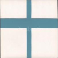 Korniss Dezső (1908-1984): Kék kereszt, 1981. Szitanyomat, papír, jelzés nélkül. Pesti Műhely kiadásában és nyomásában megjelent mappából. Hátoldalán "Korniss Dezsőnek készítette" felirattal valamint Nádler István (1938-) és Hegyi Lóránd (1954-) művészettörténész, Korniss Dezső monográfusa, a mappa borítóján lévő tanulmány szerzőjének autográf aláírásáival! 30×30 cm