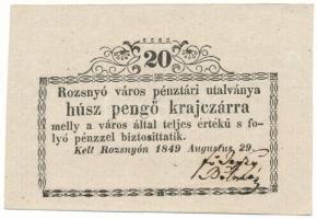 1849. Rozsnyó 20kr "Rozsnyó város pénztári utalványa" T:AU Hungary / Rozsnyó 1849. 20 Kreuzer "Rozsnyó bánya város pénztári utalványa (Cashier's Coupon of Mine Town of Roznava)" C:AU Adamo ROZ-2.1