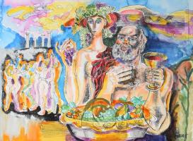 Józsa János (1936-2016): Ünnep. Tus, akvarell, papír, jelzett. Paszpartuban, 29×40 cm / Watercolour and ink on paper, signed, in passepartout