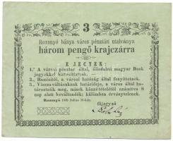 1849. Rozsnyó 1849. július 16. 3kr "Rozsnyó bánya város pénztári utalványa" T:F Hungary / Rozsnyó 16.07.1849. 3 Kreuzer "Rozsnyó bánya város pénztári utalványa (Cashier's Coupon of Mine Town of Roznava)" C:F Adamo ROZ-1.2
