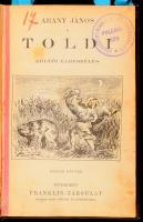 Arany János művek kolligátuma, "A Rákosszentmihályi II. Választ. Kerület Polgári Kör Népkönyvtára" felirattal:  Toldi. Költői elbeszélés. Három képpel. Bp.,én.,Franklin, 62+1 p. Hozzákötve: Toldi estéje. Bp.,én.,Ráth Mór, (Hornyánszky Viktor-ny.), 2+59+3 p. Hozzákötve: Első lopás. Költői elbeszélés. Két képpel. Bp.,én.,Ráth Mór, (Hornyánszky Viktor-ny.), 14 p. Hozzákötve:  Szent László fűve. Népmonda. Két képpel. Bp.,én.,Ráth Mór, (Hornyánszky Viktor-ny.),12 p. Hozzákötve: A Jóka ördöge. Népmese. Két képpel. Bp.,én.,Ráth Mór, (Hornyánszky Viktor-ny.),20 p. Átkötött egészvászon-kötés, kopott borítóval.