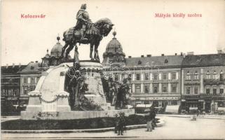 Kolozsvár King Mátyás statue with Bank Transylvania and the shops of Lajos Jeney and József Deutsch