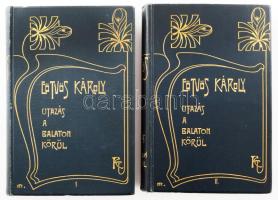 Eötvös Károly: Utazás a Balaton körül. I-II köt. Eötvös Károly Munkái I-II. Bp., 1901, Révai, 2 sztl. lev.+ 301+(3) p.; 2 sztl. lev.+ 299+(1) p. Kiadói aranyozott, szecessziós egészvászon-kötés, festett lapélekkel, Gottermayer-kötés, apró kopásnyomokkal, jó állapotban.