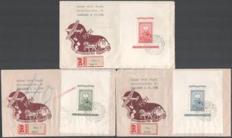 1951 80 éves a magyar bélyeg blokksor 3 db alkalmi bélyegzésű díjkiegészített ajánlott levélen ill. nyomtatványon az NDK-ba, a 60f portóelőjegyzéssel, mivel arról hiányzik a NYOMTATVÁNY bélyegző