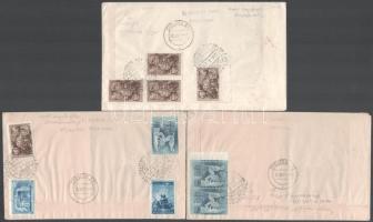 1951 80 éves a magyar bélyeg blokksor 3 db alkalmi bélyegzésű díjkiegészített ajánlott levélen ill. ...