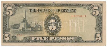 Fülöp-szigetek / Japán megszállás DN(1943) 5P "20 0495861", "Japanese War Notes Claimants Association of the Philippines - Received for Safe Keeping" felülbélyegzéssel a hátoldalon (JAPWANCAP) T:F, szép papír Philippines / Japanese occupation ND(1943) 5 Pesos "20 0495861", with "Japanese War Notes Claimants Association of the Philippines - Received for Safe Keeping" overprint on the reverse (JAPWANCAP) C:F, fine paper Krause P#110