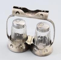 Régi ezüstözött sóborskínáló, fogpiszkatartó résszel, jelzett, kopással, m: 12 cm