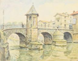 Alorain jelzéssel: Bar-le-Duc, városrészlet a híddal. Akvarell, papír. 24,5x31 cm
