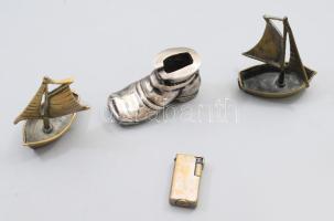 4 darab dohányzással kapcsolatos tárgy: Mofém öngyújtó, ezüstözött bronz öngyújtótartó, 2 darab hajó alakú hamuzó, m: 10 cm alatt