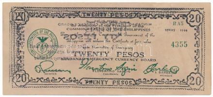 Fülöp-Szigetek / Mindanao 1944. 20P "RA5 4355" helyi pénz / szükségpénz T:F, szép papír Philippines / Mindanao 1944. 20 Pesos "RA5 4355" local money / necessity money (notgeld) C:F, fine paper Krause P#S528d