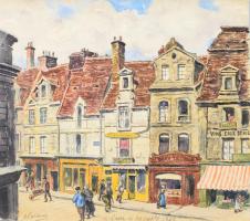 Alorain jelzéssel: Caen, városrészlet járókelőkkel. Akvarell, papír. 27x30 cm