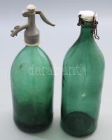 Retzro zöld román szódás üveg + csatos üveg, kopással, m: 33 cm