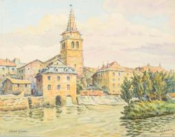 Alorain jelzéssel: Saint-Girons, városrészlet. Akvarell, papír. Jobb felső sarkában apró törésnyommal. 24x31 cm