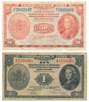 Holland Kelet-India / Indonézia 1943. 50c "FD032192" + 1G "AZ259361" T:F,VG, pici anyaghiány Netherlands East Indies / Indonesia 1943. 50 Cent "FD032192" + 1 Gulden "AZ259361" C:F,VG, tiny missing material Krause P#110a, P#111a