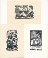 Fery Antal (1908-1994), össz. 3 db Szigeti István részére készült kisgrafika, közte 2 db erotikus: Stephanus Szigeti numismaticus, Budapest Regina Danubii; Stephanus Szigeti, ex vinis prosit és BUÉK 1968. Fametszet, papír, jelzett a metszeten, 6x8 és 9x5 cm közti méretekben