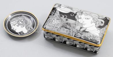 Hollóházi porcelán Szász Endre által tervezett mintával díszített bonbonier és kis tálka, jelzett, matricás, kis kopásnyomokkal, 13×9×4 cm, d: 8 cm