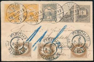 1900.márc.31. Kis levél 1kr + felezett 1kr + Turul 1f + 2 x 3f bérmentesítéssel "BUDAPEST" - "FISCHAU" a felezett 1kr-t nem fogadta el az osztrák posta. 1 Heller hiány + 10 Heller büntetőportózással, így 3H + 2 x 4H osztrák portóval. A Krajcár-fillér vegyes bérmentesítés is nagyon ritka, így portózással egyedi darab RRRR!