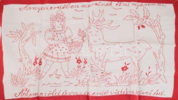 Kézzel hímzett konyhai falvédő, "Árnyas erdőben szeretnék élni nyáron át, Nekem e zöld árnyas erdő vidám kedvet ád" felirattal, 47x78 cm