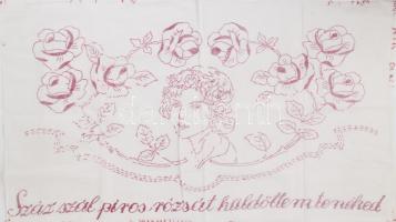 Kézzel hímzett konyhai falvédő, "Száz szál piros rózsát küldöttem tenéked" felirattal, 45x77 cm