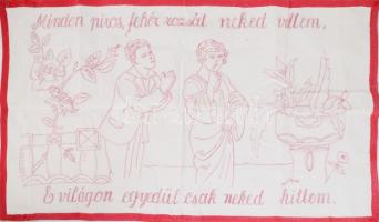 Kézzel hímzett konyhai falvédő, "Minden piros fehér rózsát neked vittem. A világon egyedül csak neked hittem" felirattal, 47x82 cm