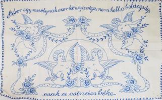 Kézzel hímzett konyhai falvédő, "Mikor egy mosolynak ezer könny a vége, nem kell a boldogság, csak a csöndes béke" felirattal, 50x78 cm