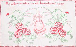 Kézzel hímzett konyhai falvédő, "Minden madár az én bánatomat zengi, Ahogy én szeretlek, nem szeret úgy senki" felirattal, 42x72 cm