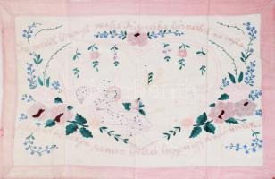 Kézzel hímzett konyhai falvédő, "Szemedből könnyet ne ejts, szívedbe bánatot ne rejts, ajkadról ne száljon panasz, életed legyen egy viruló tavasz." felirattal, 50x76 cm