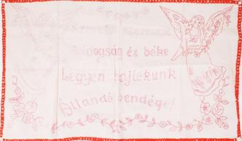Kézzel hímzett konyhai falvédő, "Szeretet szerencse Boldogság és béke Legyen hajlékunk állandó vendége!" felirattal, 44x74 cm