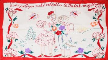 Kézzel hímzett konyhai falvédő, "Piros pettyes ruhácskádba láttalak meg téged," felirattal, 45x78 cm