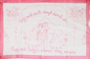 Kézzel hímzett konyhai falvédő, "Egy szót csak annyit kérek én, Egy szót, hogy a szíved még enyém" felirattal, 47x72 cm