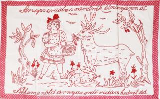 Kézzel hímzett konyhai falvédő, "Árnyas erdőben szeretnék élni nyáron át, Nekem e zöld árnyas erdő vidám kedvet ád" felirattal, 47x78 cm