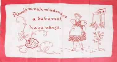 Kézzel hímzett konyhai falvédő, "Rózsafámnak minden ága a babámat hazavárja" felirattal, 43x79 cm