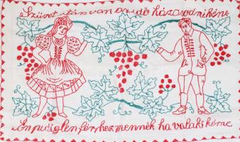 Kézzel hímzett konyhai falvédő, "Szüret után van idő házasodni kéne, Én pediglen férjhez mennék ha valaki kérne" felirattal, 43x73 cm