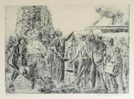 Aszódi Weil Erzsébet (1901-1976): Építkezés. Rézkarc, papír, jelzett, lap egyik lapszél lyukasztott. 30×42 cm