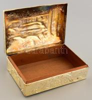 Japán ezüstözött díszdoboz, fa betéttel, jelzett, 14x9 cm