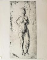 Aszódi Weil Erzsébet (1901-1976): Álló női akt (cím nélkül). Hidegtű, papír, jelzés nélkül, lap alján Aszódi Weil Erzsébet autográf feliratával ("hidegtű karc"). Ritka! 43×20 cm