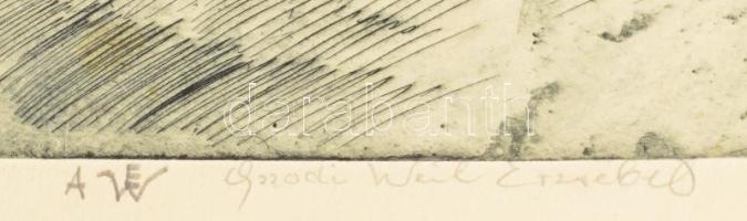 Aszódi Weil Erzsébet (1901-1976): Falusiak Pesten. Rézkarc, papír, jelzett. Lap széle lyukasztott. 3...